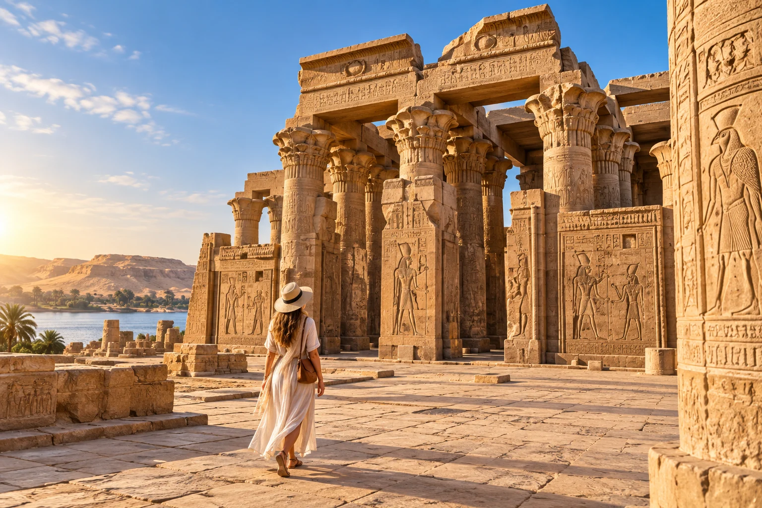Hathor sailing past ancient Egyptian monuments