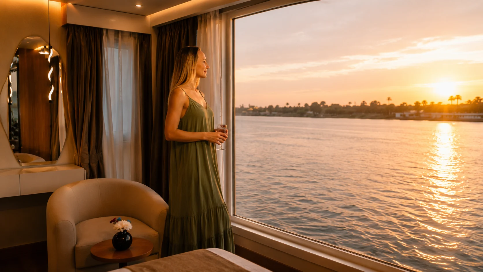 A river-view cabin aboard Hathor Dahabiya